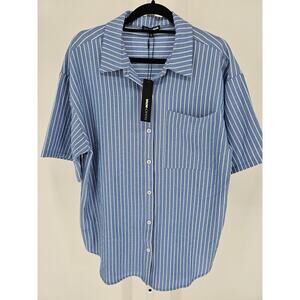 Fashion Nova Womens Sz L Short Sleeve Button Up Shirt Lily Striped Blue NEW